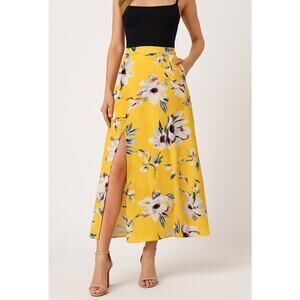 City Triangles Women’s Yellow Floral Maxi Skirt Medium Elastic Waist Lined